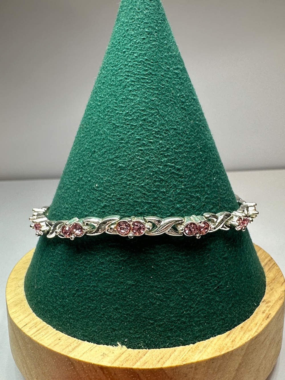 Silver Tennis Bracelet with Pink Crystal Accents Fold Over Clasp 7.25”